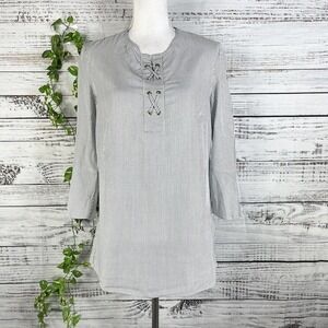 Jones New York Tunic Blouse sz Small Black White Striped Sailor Nautical Cruise